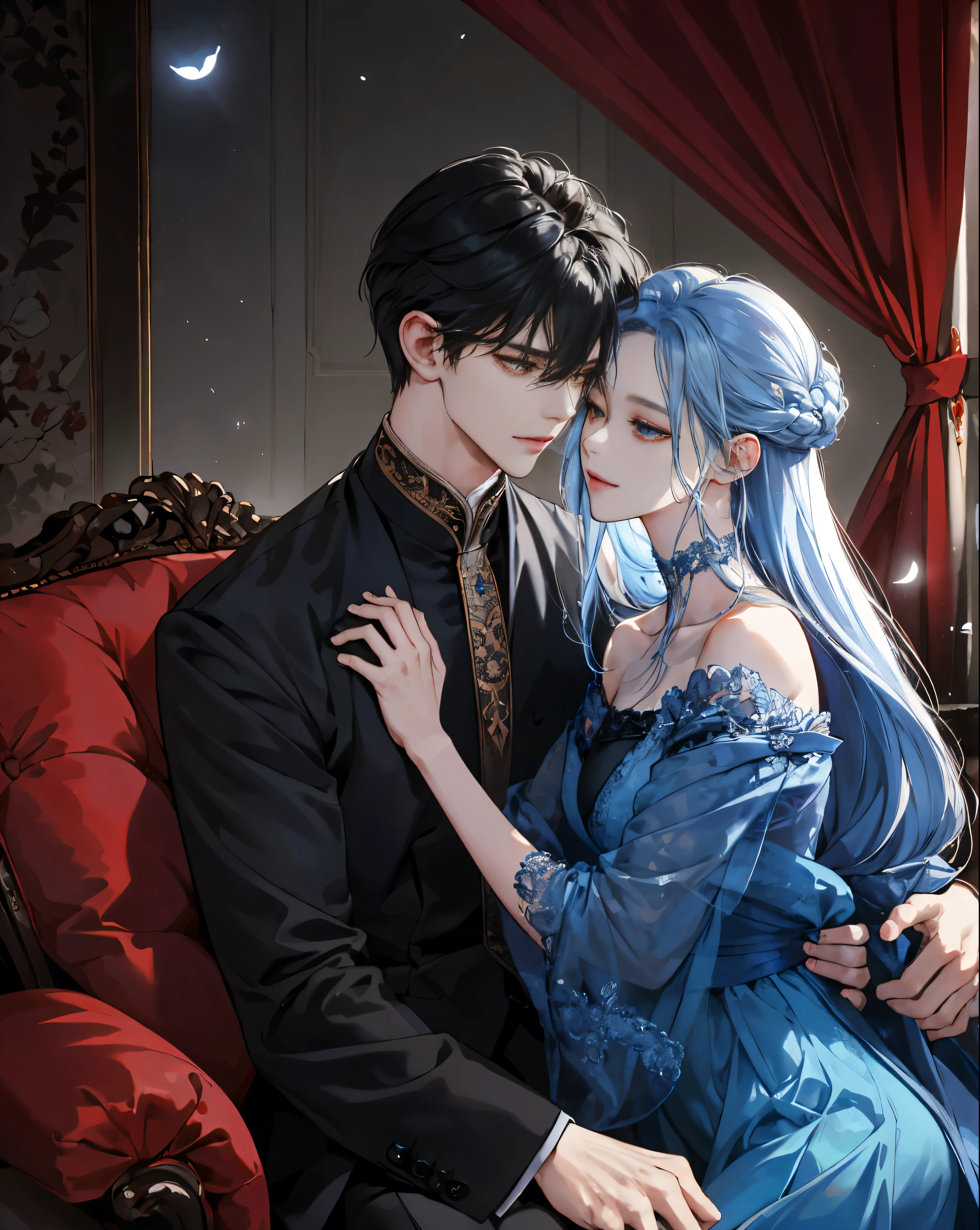 tmasterpiece, Best quality at best, 8K, high detal, ultra - detailed,of a handsome man,Wearing a classic black noble robe,cabelos preto e longos。His facial features are very distinct,The expression is focused and gentle,Look at the girl next to you。The girl is wearing a beautiful red dress,The hairstyle is elegantly coiled,Showing slender collarbones and delicate ears。Her lips opened slightly,Their hands touch lightly。the whole bedroom,luxury sofa,The blue curtains flutter gently,natta,starrysky,petals,Looking from the front to the side,The man bowed his head,looking at girl tenderly,Their bodies are trembling slightly,Feel each other's breathing and heartbeat。The whole picture is full of romance and affection,Let people feel the charm and power of love。Darkness and light