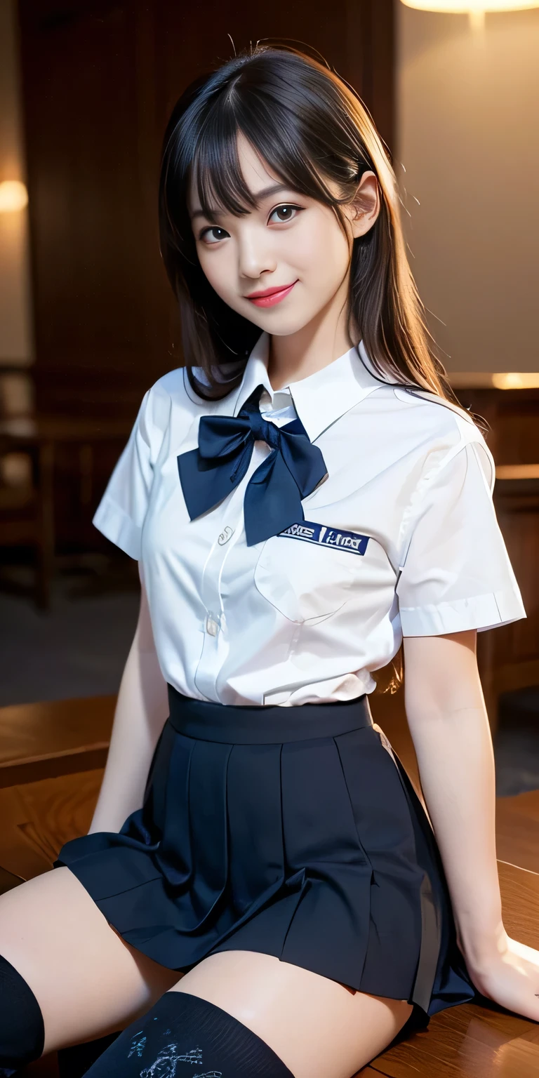 (Tabletop, Highest quality:1.4), Beautiful Face, 8k, 85mm, Absurd, from the front、1、1、((Very cute school uniform :1.4))、((hotel lobby:1.4))、(((White short sleeve shirt:1.4)))、 ((Cowboy Shot:1.5))、delicate, alone、((Dark blue pleated skirt:1.4))、((Navy blue student bowtie:1.4))、((Dark blue socks:1.4))、((Dark blue panties:1.4))、((Medium Long Straight Hair:1.4))、View Audience, Upper Body, Film Grain, chromatic aberration, Sharp focus, Face Light, Professional Lighting, Sophisticated, (Troubled expression:1.4), ( background, Bokeh background:1.2), ((smile:1.4))、detailed aspects、((Black knee-high socks:1.5))、