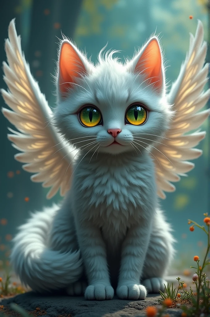 furry gray cat animal with lemon green eyes and wings