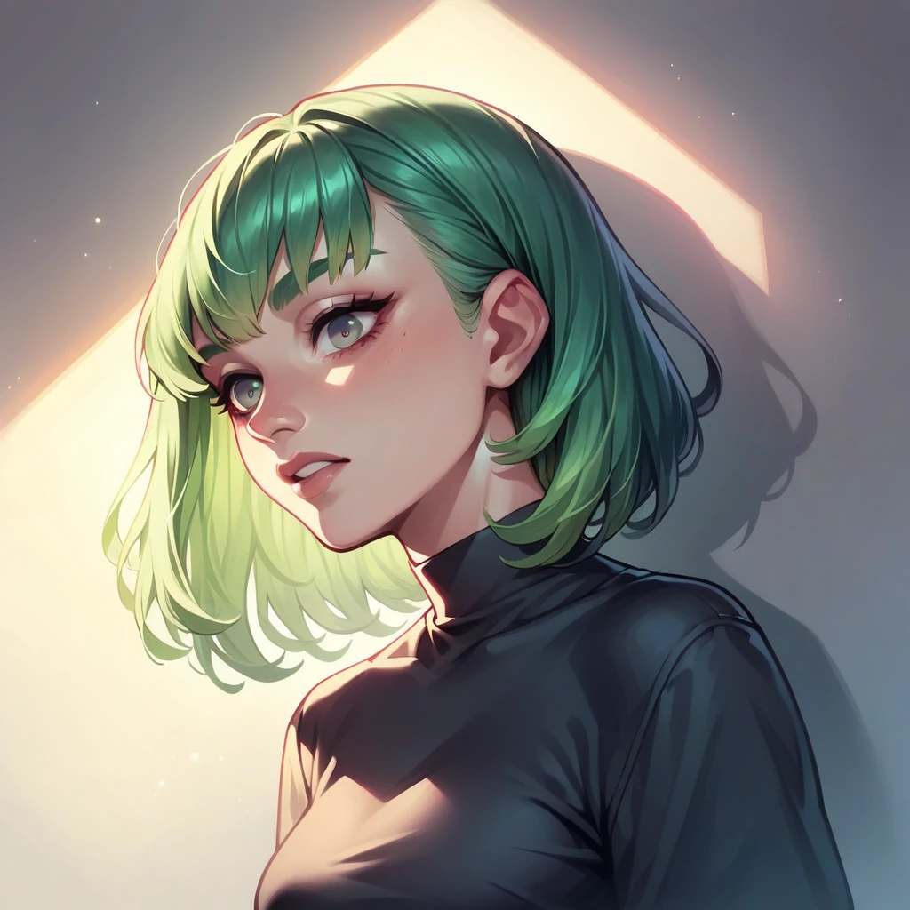 Girl in the dark room, portrait, dark bright green hair, gorgeous hair, art style, rose blackpink, calm expression but she condemns everyone, dark red simple shirt