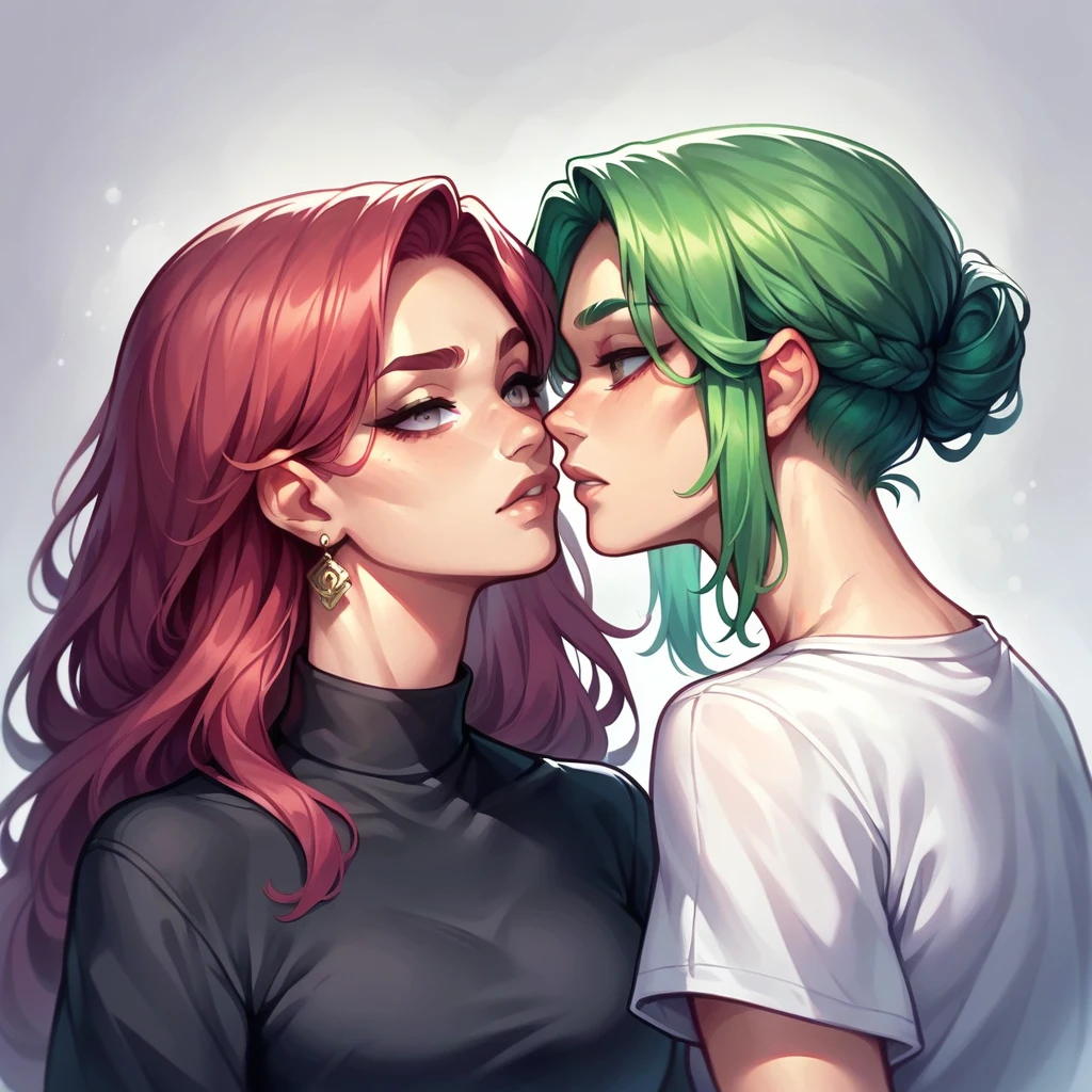 Girl in the dark room, portrait, dark bright green hair, gorgeous hair, art style, rose blackpink, calm expression but she condemns everyone, dark red simple shirt