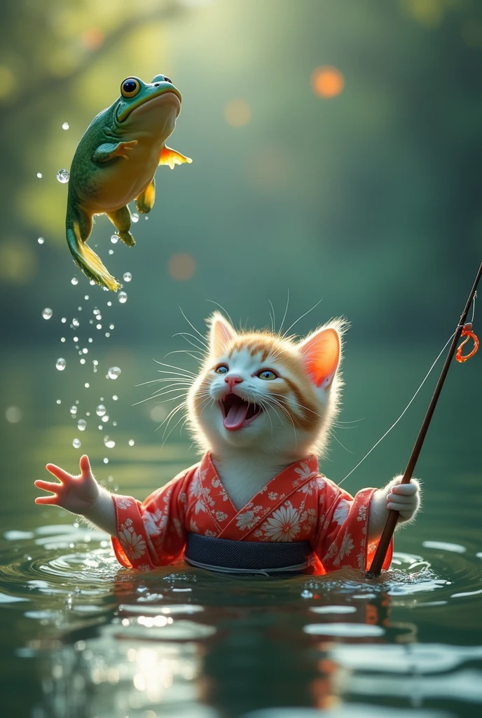 theme：Scene of fishing, Realistic photos, (kitten:1.4)Wearing Kimono, fishing、　Small bath、The happiest show、be happy、Smile、Big lightning,　Frog floating in the air