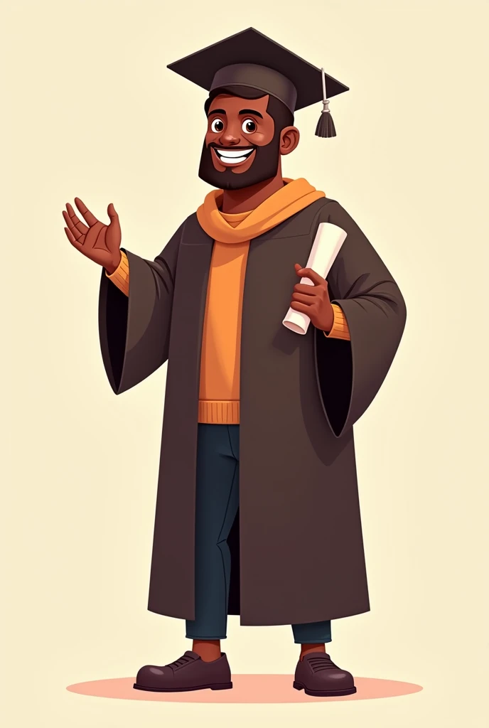 Dark brown male figure in graduation outfit holding a diploma cartoon style  