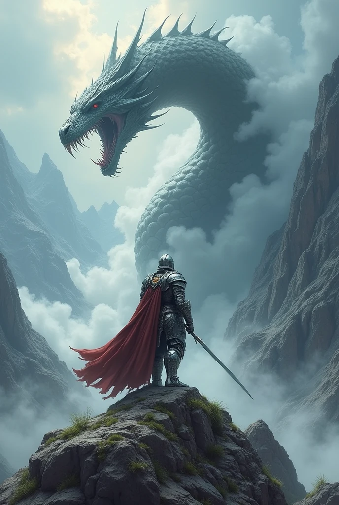 A metal suited warrior at a peak with horse to defeat big giant snake dragon covered with smoke fig and clouds