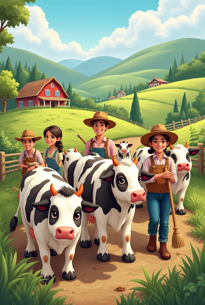 men and women working on a farm, with cows cute and cute drawing