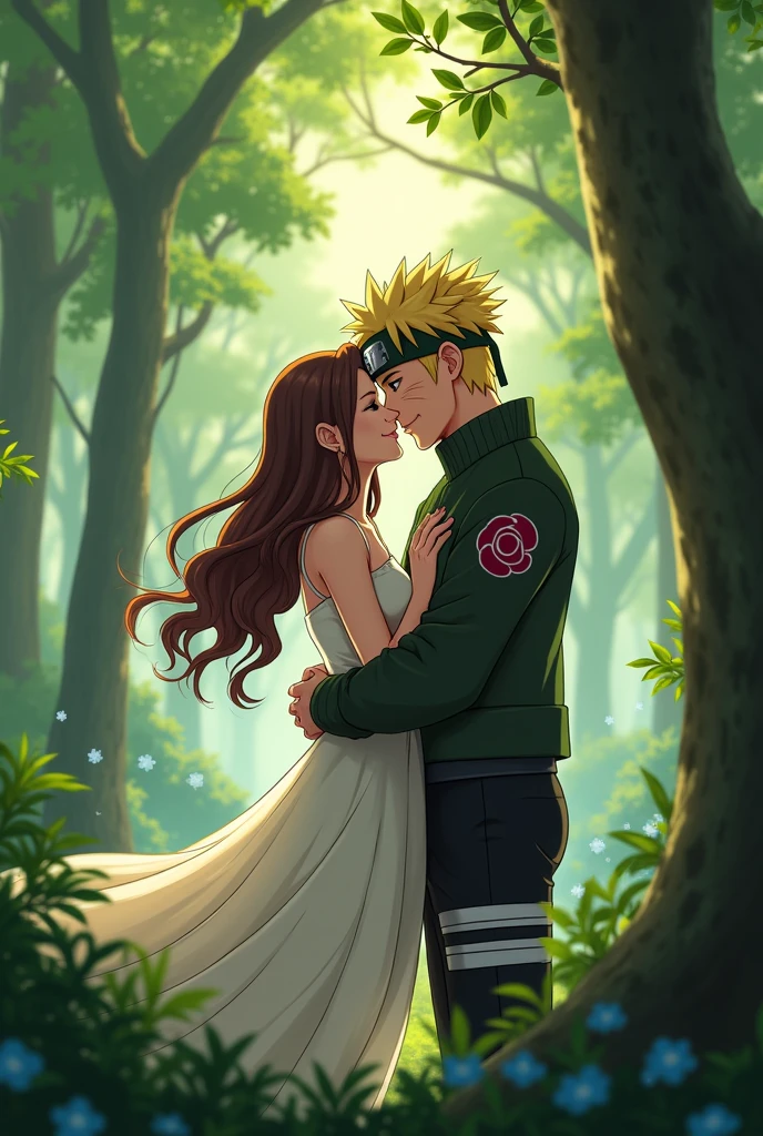 Naruto and a brown-haired woman in a forest kissing