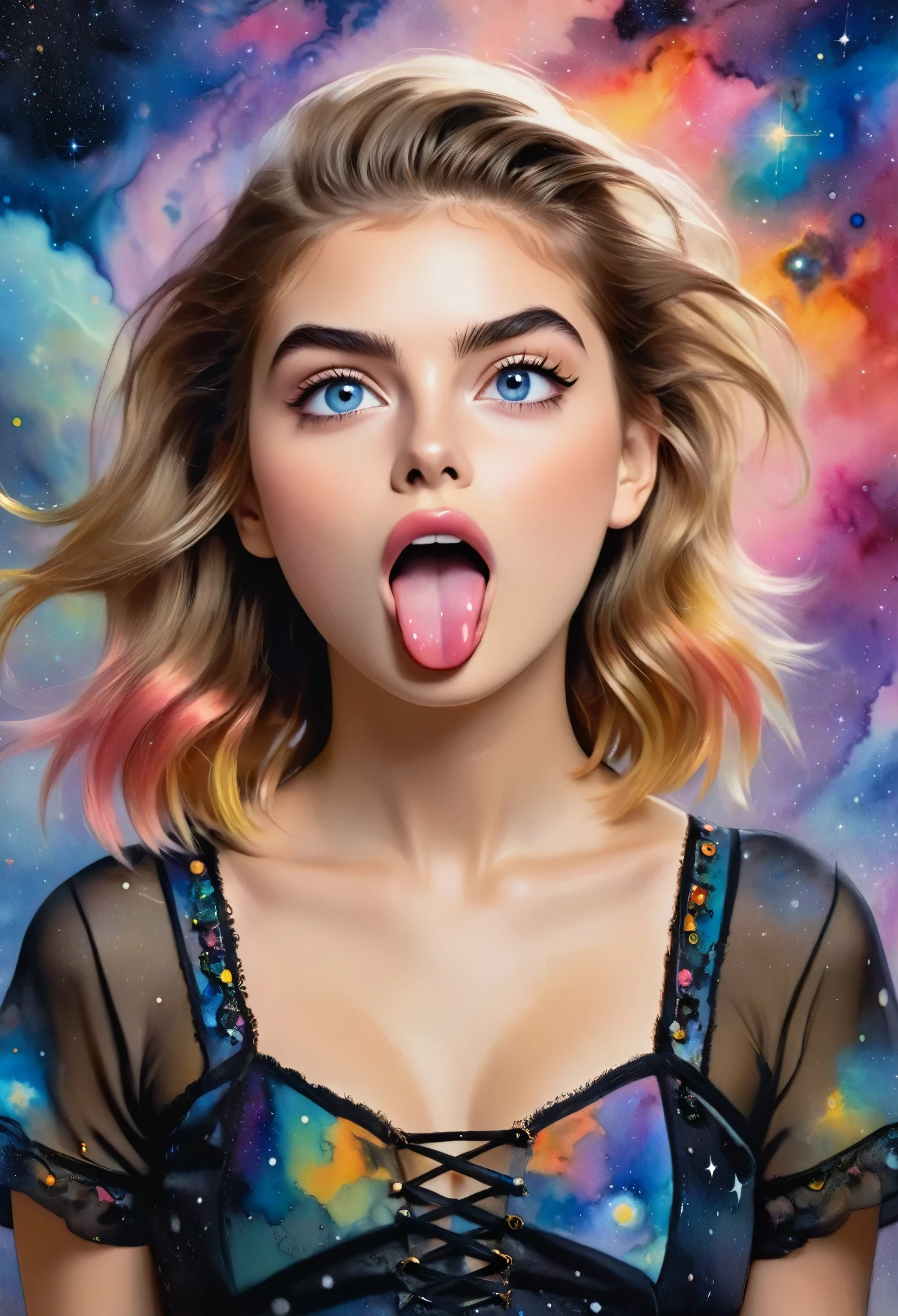 (ahegao!)[(( Brighton Sharbino, the expression of a nirvana face)), long tongue, Cute Black Chaos Bob To The Wind, baroque:20]:BG[Nebula] (Art by Mordecai-Ardon), Lush watercolor palette canvas/acrylic, Intricate, Extreme detailing, Complex key, ((Single Shot)), ((Best Quality)), ((Masterpiece)) , ( (Realistic)), (IDEAL), 8K, impressionism: 0.2 Обои Full HD