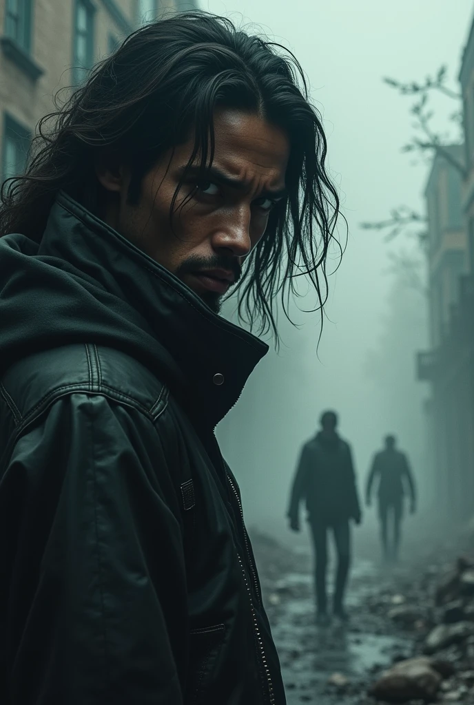 Make a zombie book cover with a dark-skinned protagonist, Put the title: The Mist Walkers