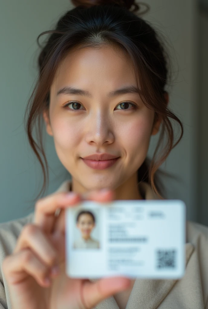Take a selfie with a woman's the left hand holding an ID card. Where There will be no blur in the image the woman's face is clearly understood