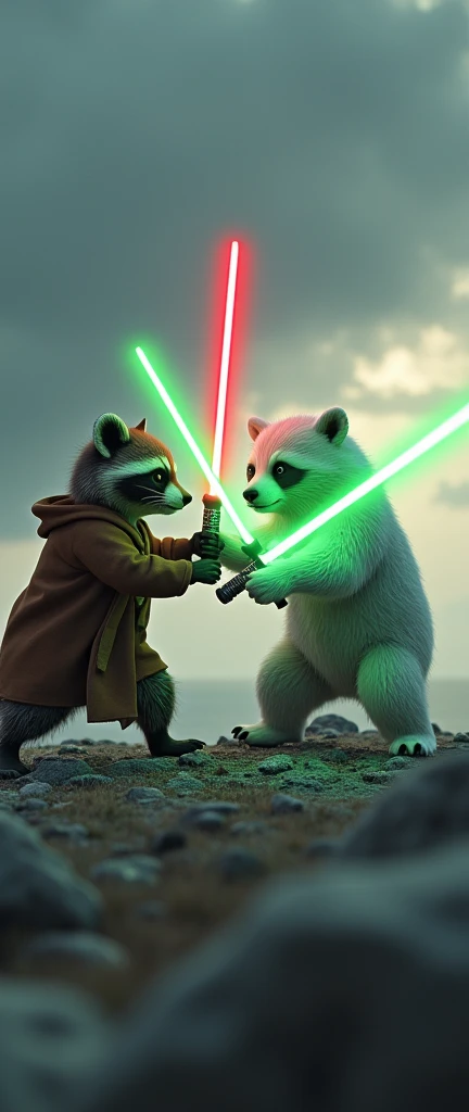 An extraordinary 3D render of an enchanting battle between a baby raccoon and a baby polar bear, both wielding gleaming green and red lightsabers. Dressed as Jedi, they are locked in an intense duel amidst dark, fantasy-inspired clouds, with ominous tones casting a dramatic atmosphere. The playful nature of the baby animals adds a whimsical touch, transporting viewers to a fantastical, cinematic world. The image is a stunning conceptual art piece, perfect for a poster or wildlife photography, showcasing the beauty and intensity of nature., cinematic, dark fantasy, wildlife photography, photo, poster, conceptual art, 3d render