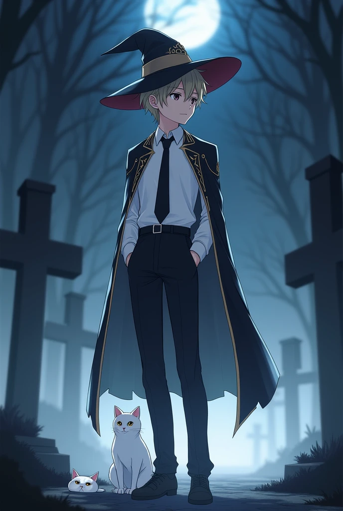 Anime boy with a witch's hat and a costume with a white shirt and a black tie and black pants in a cemetery and behind him a white cat and the environment is at night with fog and the boy has a cape and on the ground there is a white cat mask
