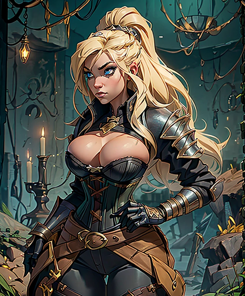 This is a fantasy character portrait. (((Ideal female physique.))) (((Black corset and black bodice.))) (((Long blonde hair))) (((Looks like a muscular, intimidating female warrior for D&D.))) (((She has amazing body dimensions.))) (((Voluptuous body type with an amazing dark look.))) (((Intense stare.))) Looks like a single character portrait of an exciting, female adventurer for a high fantasy setting. She looks like an aggressive, fun, confident woman for a fantasy role playing game like Dungeons & Dragons. She is exciting and dramatic, with an excellent fashion sense and very cool hair style. She wears fantasy bodice and corset. She is a very interesting woman in her early 20’s. Art in the style of fantasy artist artgerm. hyper detailed, gothic art, intricate details, ultra detailed, ultra detailed clothes, epic masterpiece, ultra detailed, intricate details, award winning, fantasy art concept masterpiece, trending on Artstation, digital art, unreal engine, 8k, ultra HD, centered image