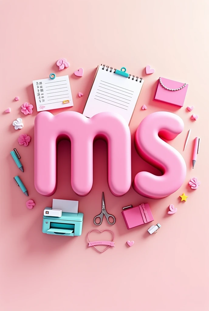 Create a logo with vibrant colors, Pastel colored background with the initials MS in pink 3D, with printer drawings, agendas, scissors and several pink hearts. Pixar animation style