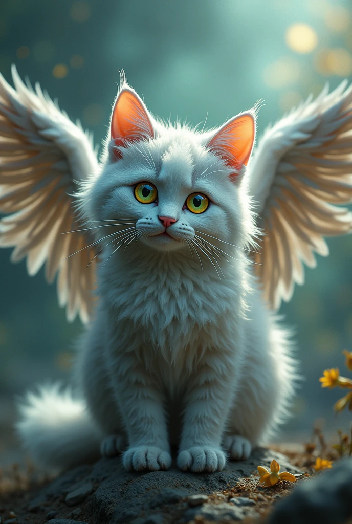 furry gray cat animal with lemon green eyes and wings