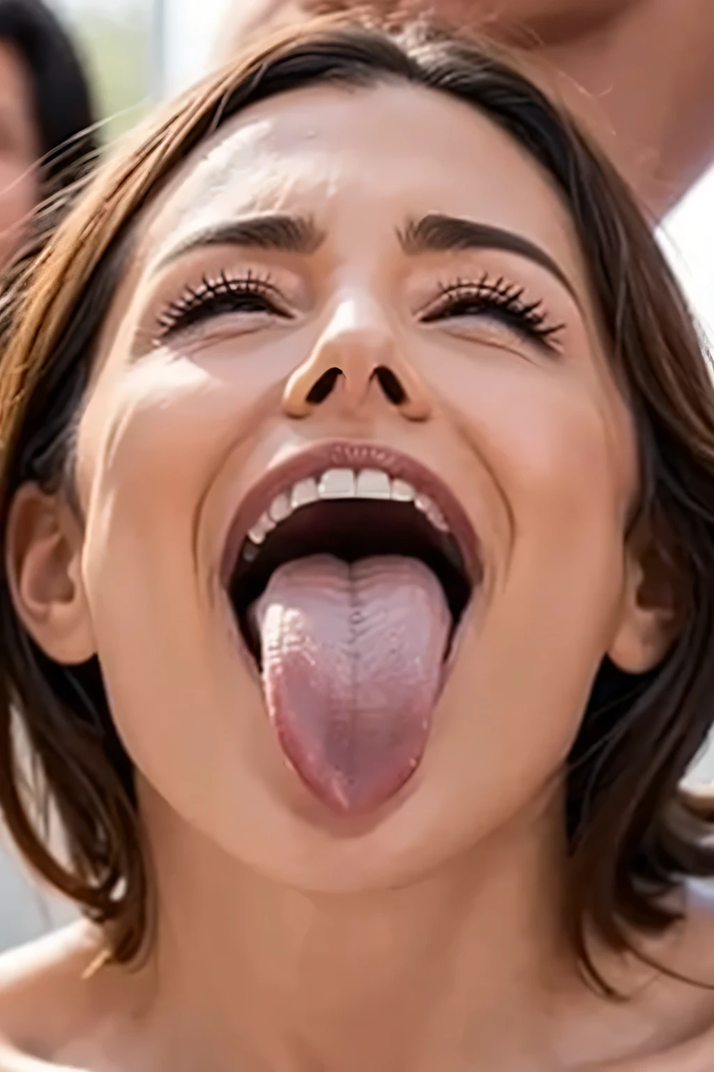 Flying debris,Award-winning photo, Very detailed, Edge Orgasm, Woman with open mouth and closed eyes , Sweaty skin、Lighting that highlights shiny sweat{{{Spread the word }}}, Black Hair、Browsing Caution,{{{{Crowd of elderly male spectators,Surrounded by men,}}}},(length, Narrow nostrils)、Raise your arms behind your head,(Sticking out a long tongue)