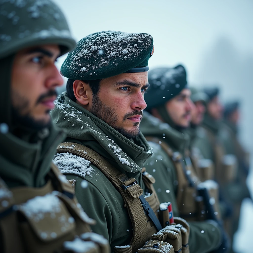 (Masterpiece) (highly detailed) Realistic1.6 portrait of indian army in snowfall red chick and faces real photography 8k uhd