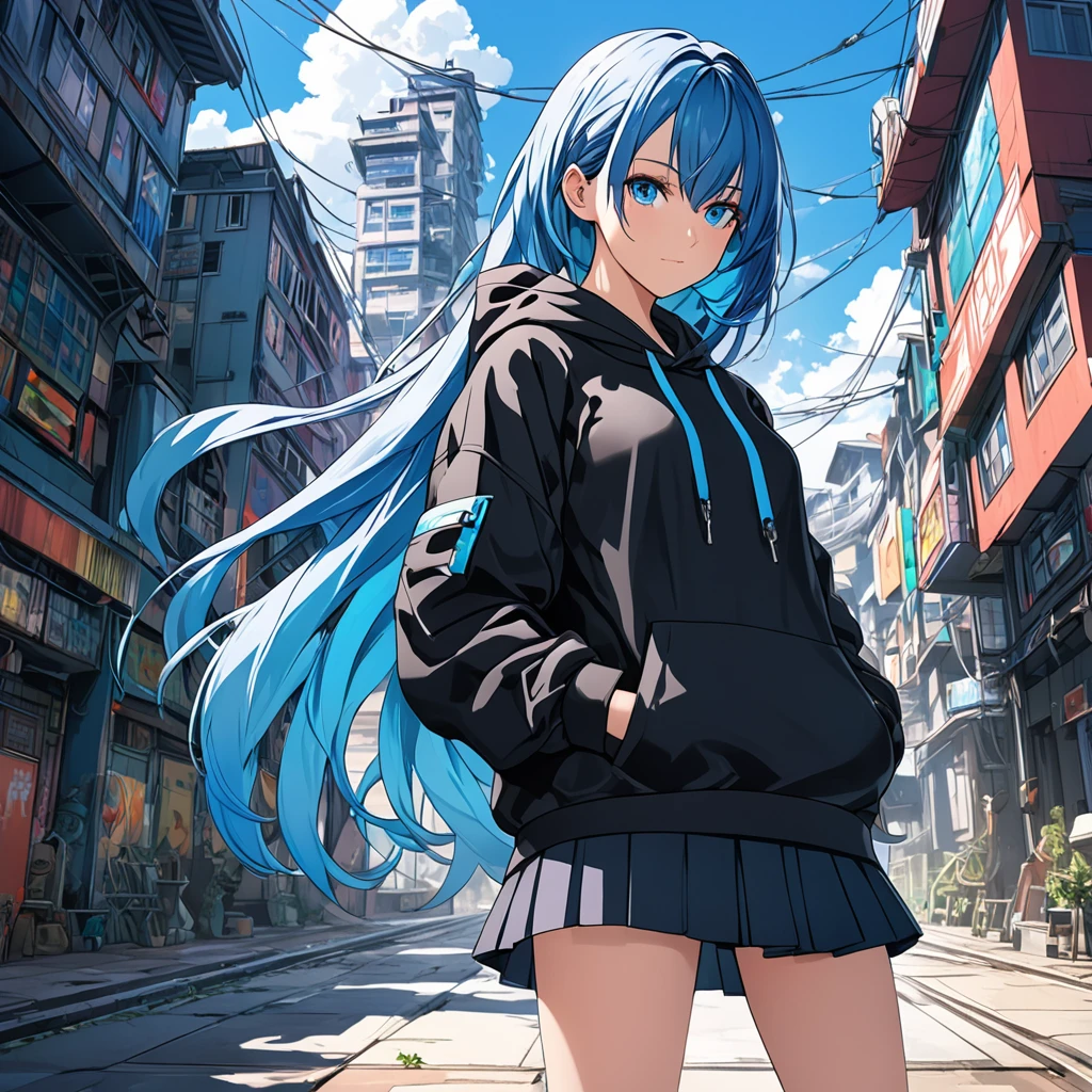 anime girl with blue hair and black jacket posing for a picture, anime girl with teal hair, anime moe artstyle, rimuru, girl with blue hair, cyberpunk anime girl in hoodie, with blue hair, anime style 4 k, trending on artstation pixiv, beautiful blue haired girl, anime art wallpaper 8 k, official character art, sona is a slender, Official Art, Unity 8K Wallpaper, Extreme Detailed, Beautiful and Aesthetic, (cowboy shot), Masterpiece, Top Quality, perfect anatomy, concept art, (best illustration), (best shadow), Analog Color Theme,vivid clorors, contrast, smooth, sharp focus, scenery, 1 girl, solo, long hair, looking at viewer, bangs, blue eyes, skirt, shirt, long sleeves, closed mouth, blue hair, standing, plain black hoodie, loose hoodie, pleated skirt, outdoors, sky, day, socks, black skirt, kneehighs, dutch angle, floating hair, feet out of frame, black socks, blue bow tie, building, hands in pockets, confident look, light back leaning, outlines, hair going in the left direction