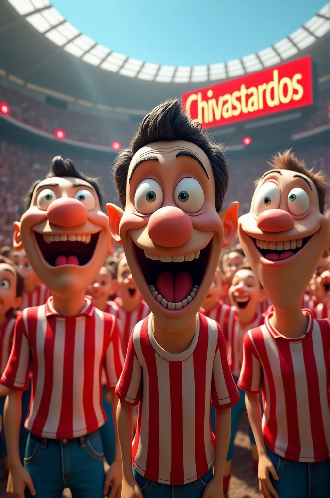 Lots of people with Disney-style silly faces wearing red and white striped shirts in a football stadium with a LED sign that says chivastardos.