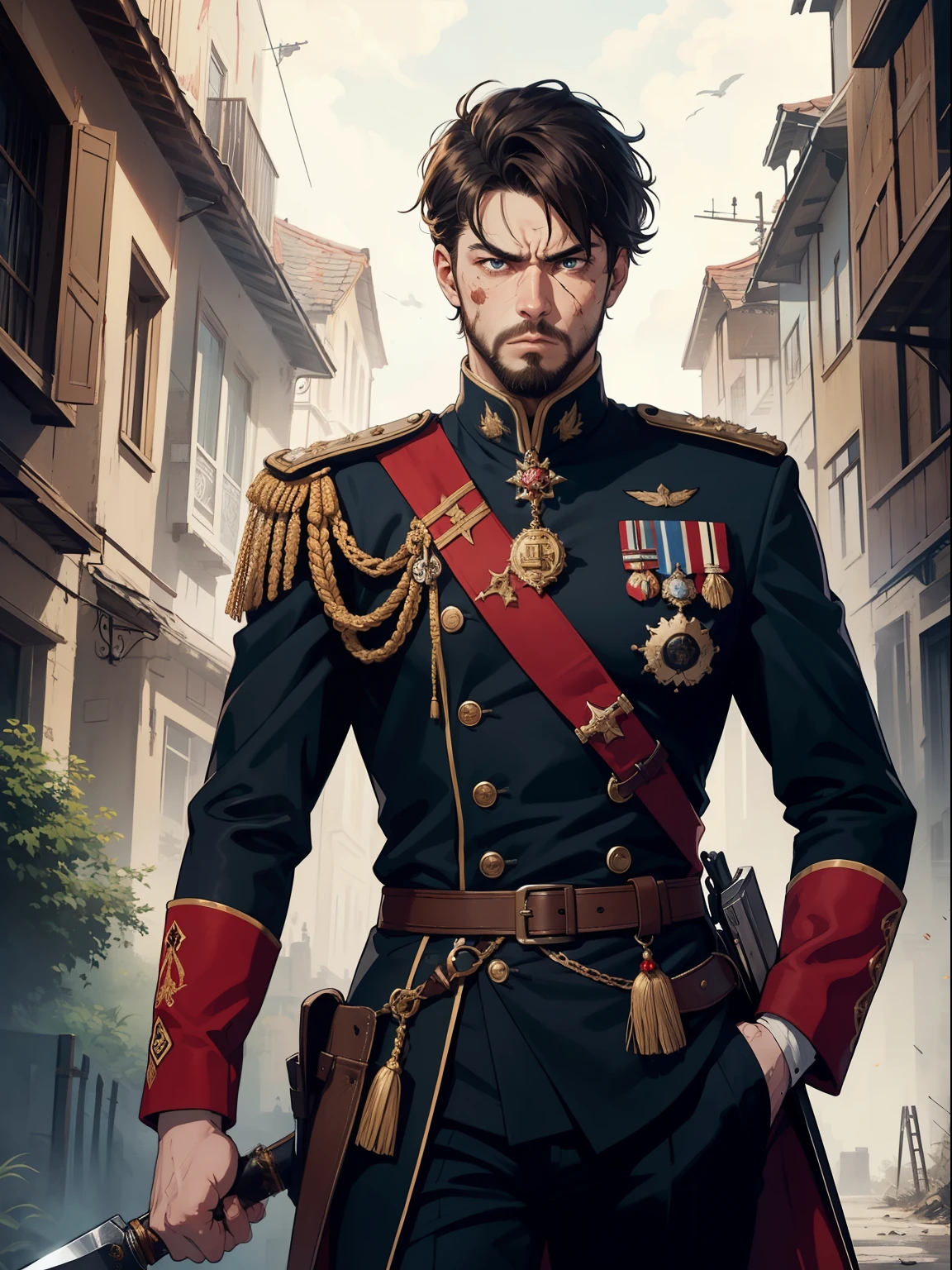 young man, short hair, brown, beard, royal uniform, navysword, angry eyes, high details, perfect anatomy, wounded, perfect eyes, war, majestic, mighty, german 