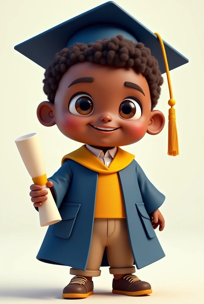 Dark brown male child doll in graduation outfit holding a diploma cartoon style