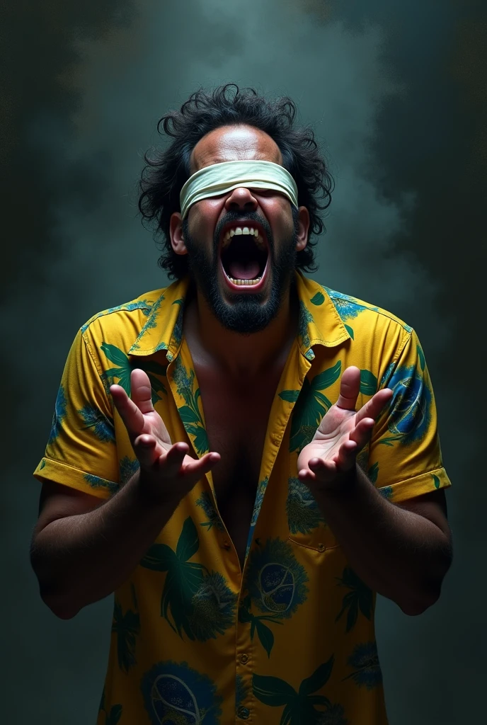 A very scared blindfolded person wearing a Brazilian shirt