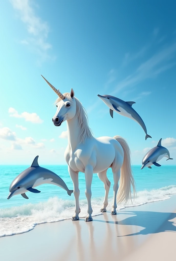 Unicorn on a beach with dolphins