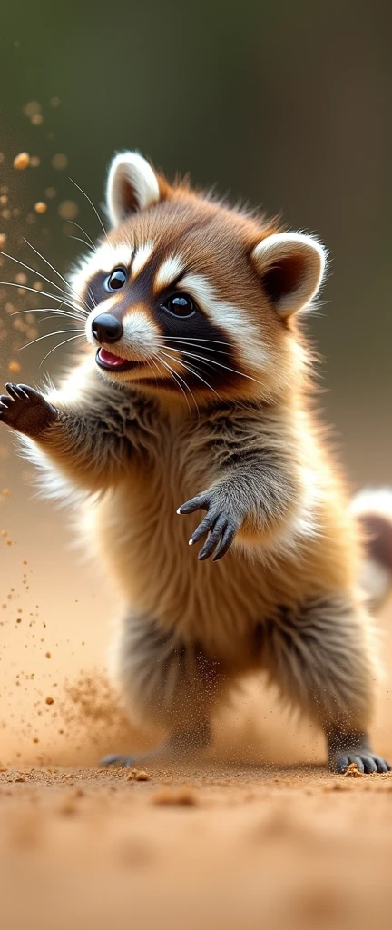 A captivating close-up photograph of a cute, fluffy baby raccoon in a dynamic pose, performing a somersault in profile. The raccoon's face is highly detailed, with intricate shades of orange and grey sand. The background is a gradual falling apart, with sand trailing and falling around the raccoon, creating a sense of movement and energy. The overall atmosphere of the image is a mix of wildlife photography and conceptual art, showcasing the beauty and playfulness of nature., wildlife photography, conceptual art, 3d render, photo