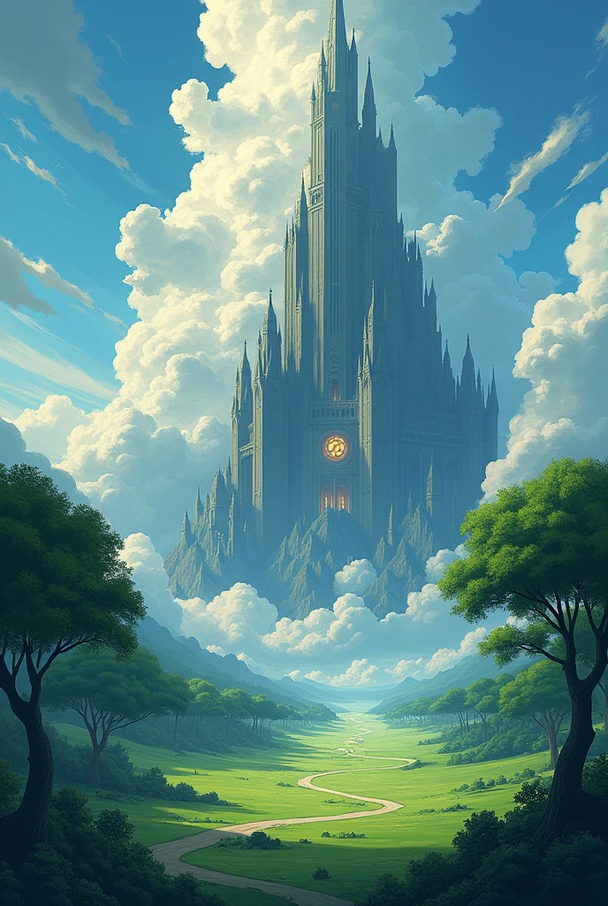 art drawing anime, field covered in trees just behind a huge tower reaching the sky with clouds and a sun