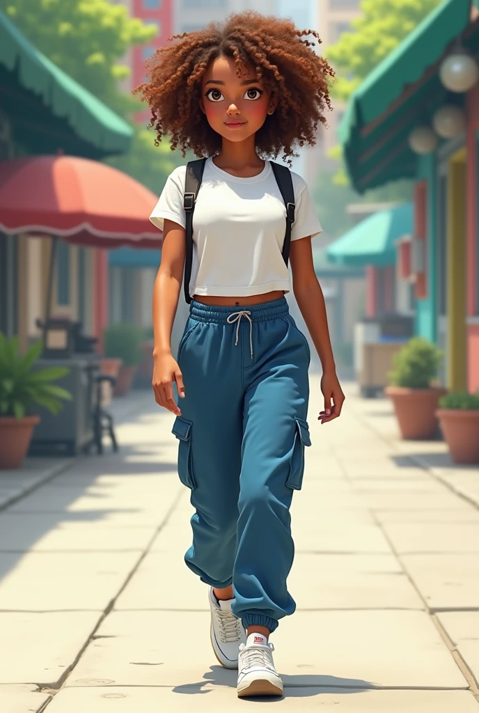 Une fille adolescente qui est entrain de marcher la fille a un t-shirts blanc a manche courte elle a un cargo en bleu des chaussures Nike blanche la fille a les cheveux frisés est la couleur de ses cheveux est du marron sa couleur de peau est mate