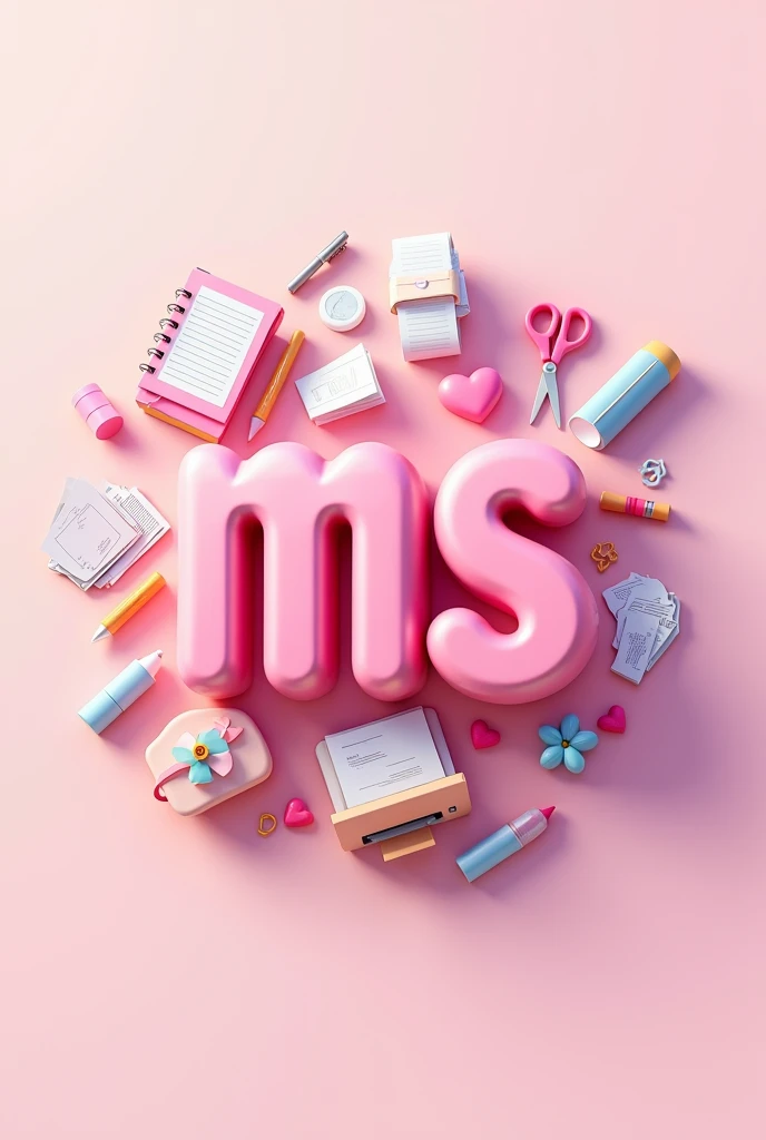 Create a logo with vibrant colors, Pastel colored background with the initials MS in pink 3D, with printer drawings, agendas, scissors and several pink hearts. Pixar animation style