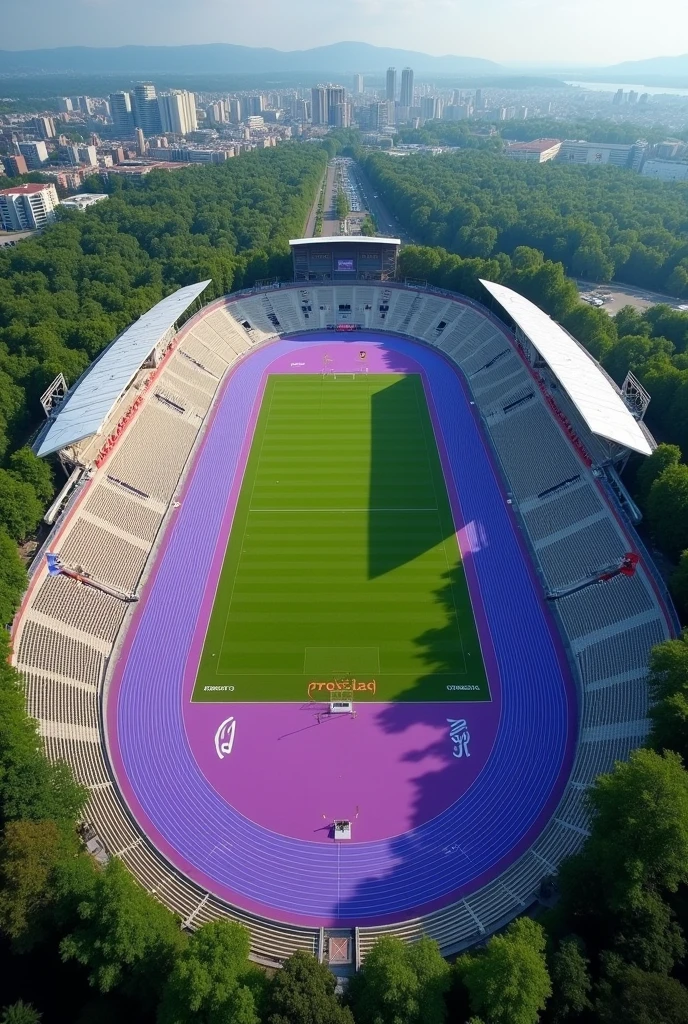 Make an image of the field in the olympics stadium with the purple track the stade de france 2024 panoramic view from the sky