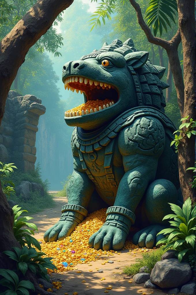 A pre-Hispanic idol sitting with its mouth open and filled with gold and gems, between the jungle and ancient ruins, vangoh style