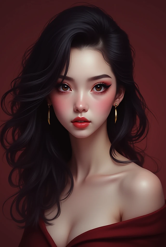 Femme dessiné, regard cool, au cheveu noir onduler, avec des percings dorée, dans une ambiance rouge bordeau cerise pour une photo de profil