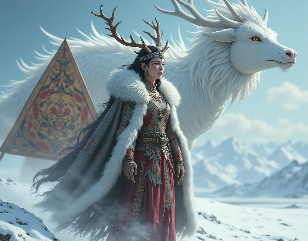 Mongolian Queen shaman deer antler winter clothing . shaman triangular shape drum. white dragon.
