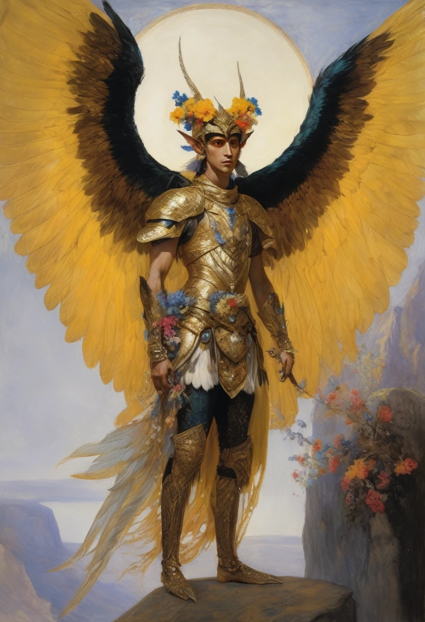 {{Colossal Masterpiece, best quality, holographic watercolor, by James Tissot, by Gustave Moreau, by Odilon Redon, surreal}}, (((((dramatic portrait of a male elf Garuda, short hair, elf ears, golden yellow skin color, cruel, arrogant expression))))). ((((he is displaying his iridescent multicolored wings with flowers, he is wearing a blood stained armor made of holographic material, wearing bead pendants)))).