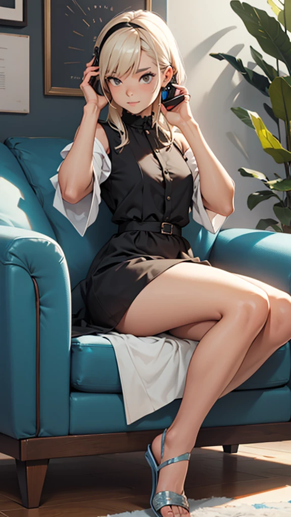 A girl in a dress answering a phone call while sitting on a couch. Perfect body