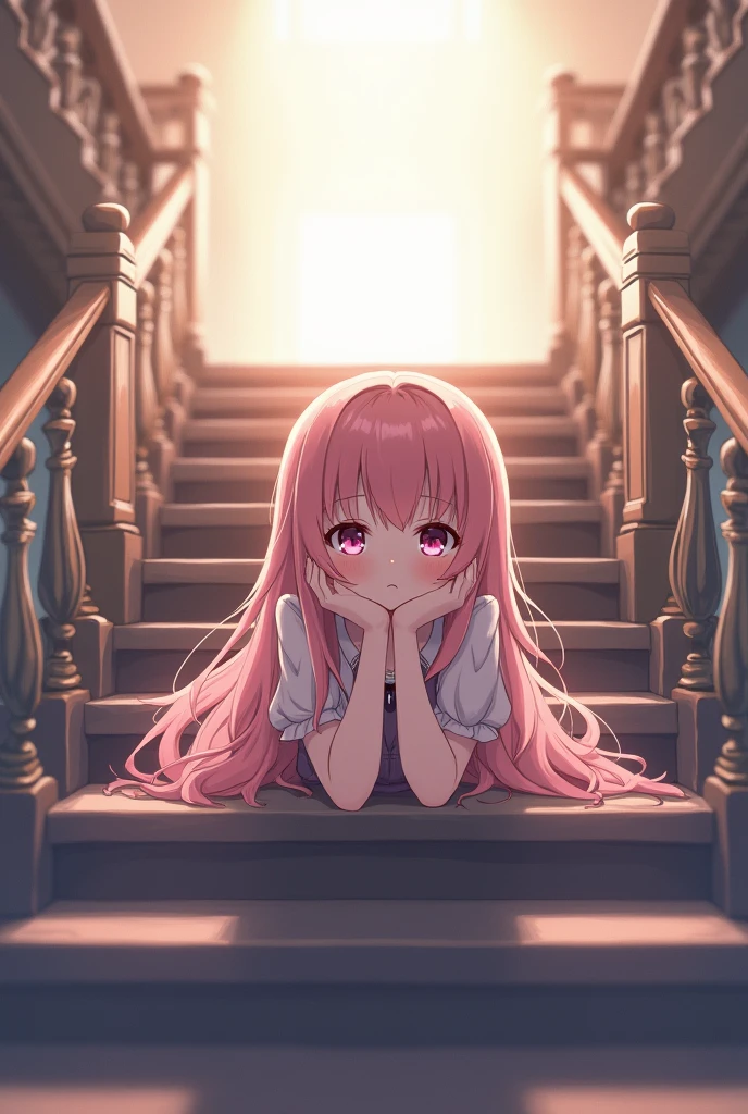 An anime style girl lying on the stairs facing forward