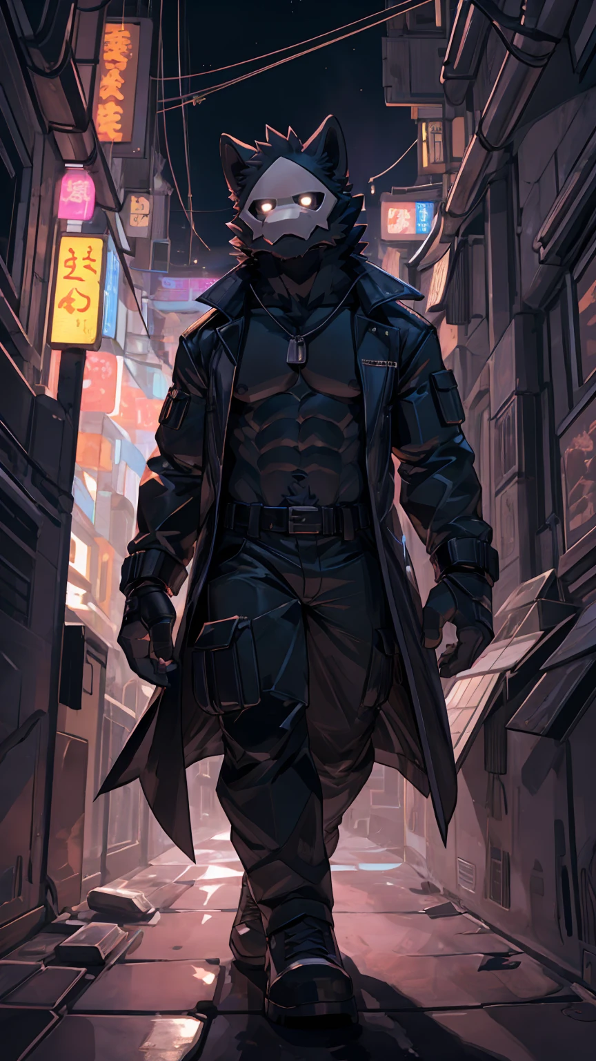 adult content, low-key light, cyberpunk, extremely_detailed, drawing of a puro (changed), (extremely detailed:1.uro, mask, puro_(changed)), black_cargo pants, bara, black_body, very long legs, long arms, very tall, muscular_body, 6 pack abs, male nipples, exposed_chest, tactical_gloves, black_cloak, black_fedora, large chest, exposed upper body, shirtless, dogtags, bandages, seductive_pose, hands_inside_pocket, serious_face, wide_open_legs, dark and gloomy atmosphere, dramatic light, camera angled lower, time, neon lights, alleyway, neon lights, midjourney, C7b3rp0nkStyle, VPL, Male focus, yofukashi background., Best quality, masterpiece