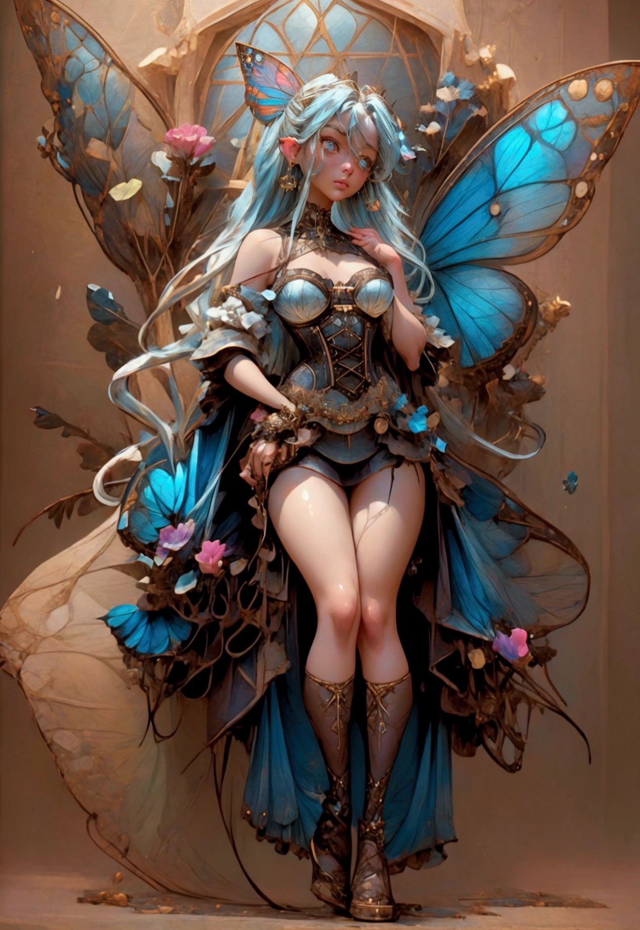 sensual and sexy 1girl, blue hair, blue eyes, little blonde, eyes, black stockings, corset, 1girl, blue hair, blue eyes, blue earrings, blue top, blue short t-shirts, butterfly wings, blue-ral resin, stage photograph with flowers and blue butterflies flying around 1girl, woman in full body view, style 3B.