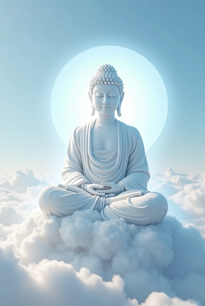 Realistic Buddha statue formed by white clouds with white light edge, natural shadow, blue sky, surrounded by white clouds, fairy aura,,