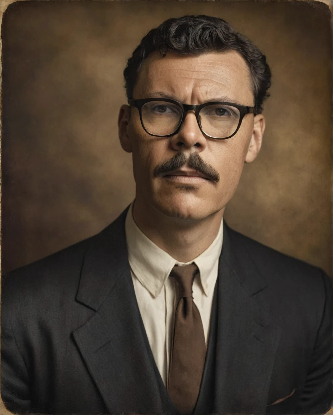 A highly realistic, RAW portrait of a man wearing glasses inspired by a vintage photograph. He has a neatly groomed mustache and short, wavy hair. His attire consists of a dark suit with a white shirt, reflecting an early 20th-century style. The man's expression is serious yet composed, and he gazes slightly off-camera. The background is subtly textured, giving a nostalgic, sepia-toned effect. The lighting is soft and even, emphasizing the historical ambiance and authenticity of the portrait.,guttosdxlago24