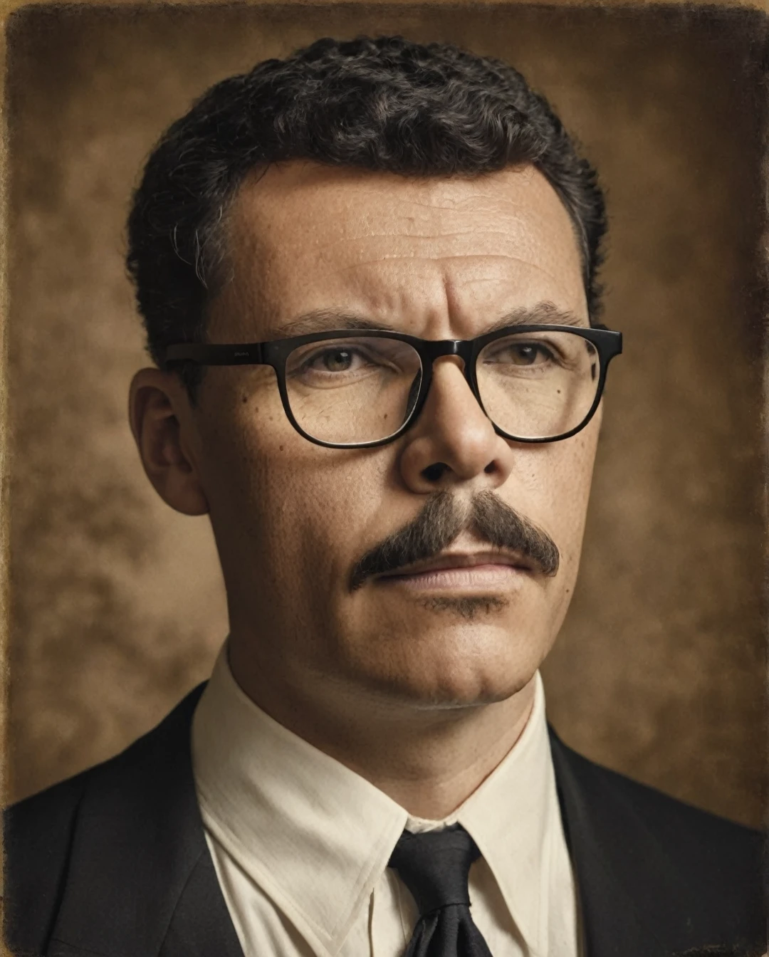 A highly realistic, RAW portrait of a man wearing glasses inspired by a vintage photograph. He has a neatly groomed mustache and short, wavy hair. His attire consists of a dark suit with a white shirt, reflecting an early 20th-century style. The man's expression is serious yet composed, and he gazes slightly off-camera. The background is subtly textured, giving a nostalgic, sepia-toned effect. The lighting is soft and even, emphasizing the historical ambiance and authenticity of the portrait.,guttosdxlago24