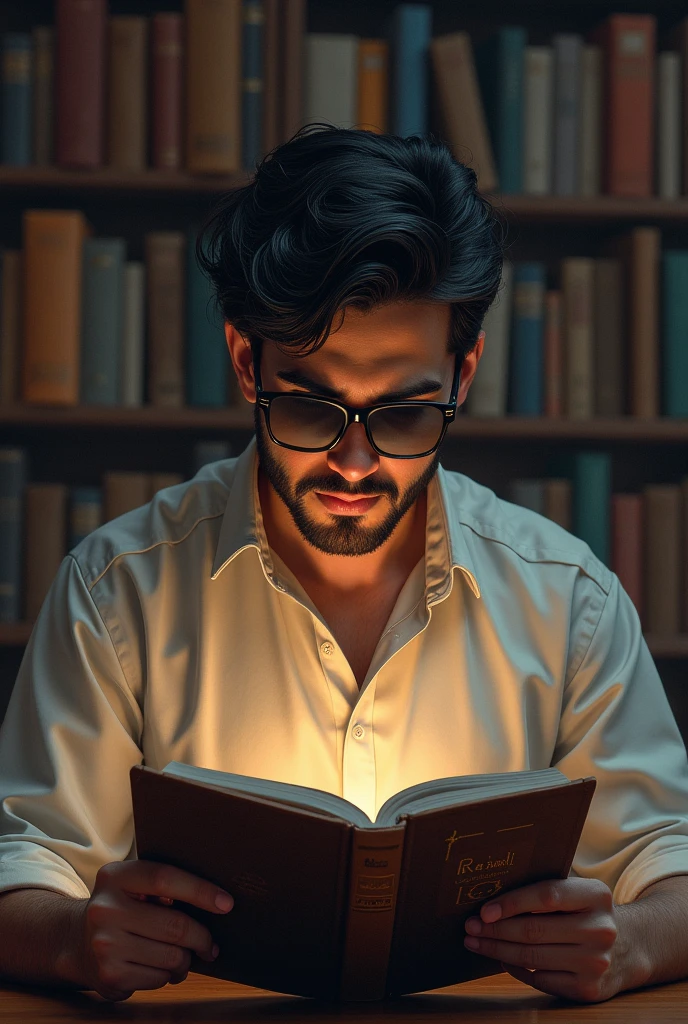 A guy name shah alom,2.reading a math book wear a sunglass in a library.