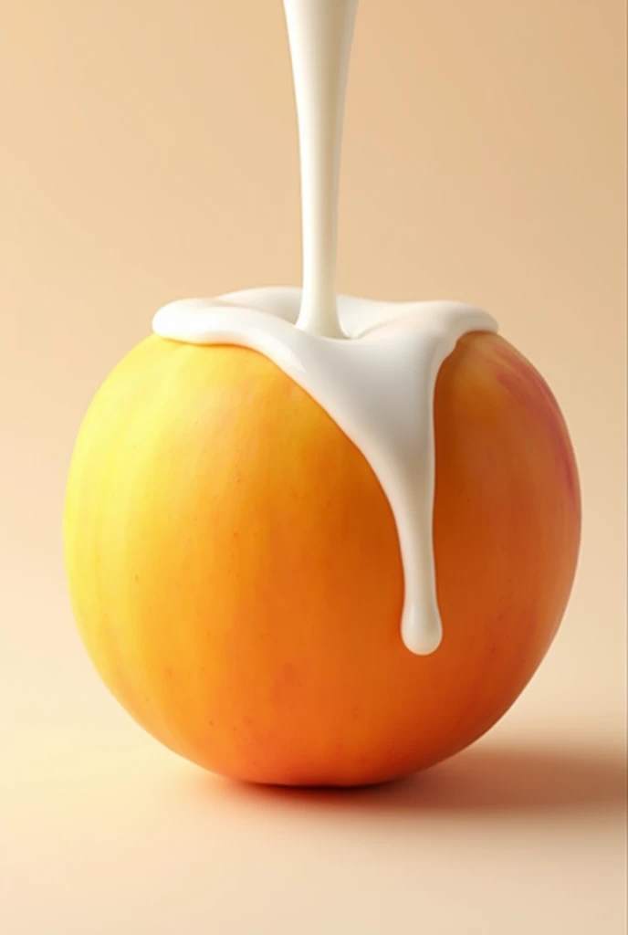 A beautiful large juicy whole peach without cuts with a single line, with drops of white milk dripping, seen from the front.