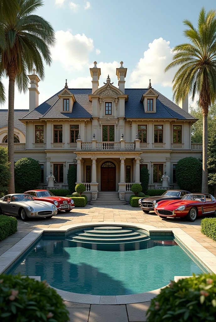 Luxury antique house with high rated cars and private pool and big ground  showing everything like richness 
