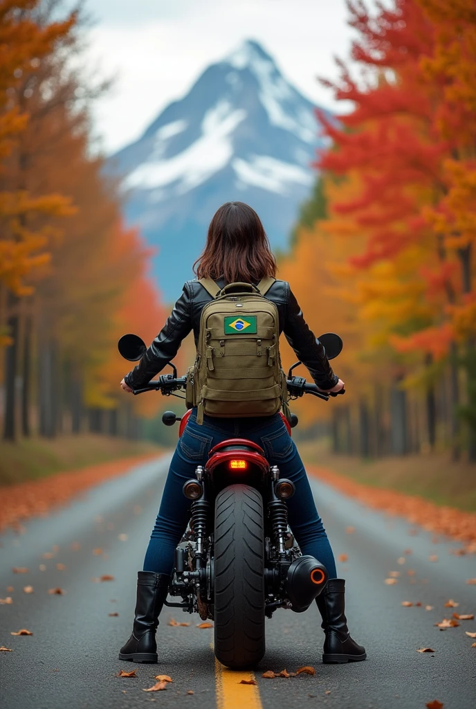 a brunette woman with shoulder length hair, riding a suzuki boulevard m800, she is wearing a leather vest, jeans and black boots, on his back a modular military backpack in khaki color with a patch of the Brazilian flag. the scene is an asphalt road with maple trees, and leaves on the ground, in the background a mountain with ice