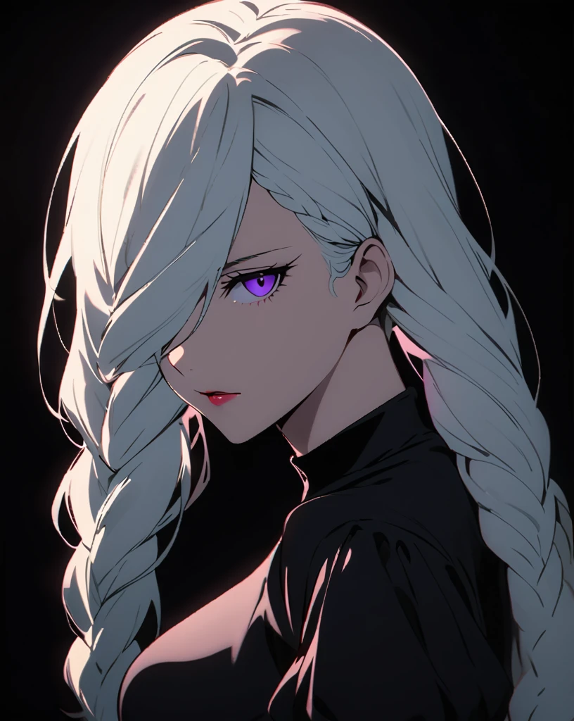 mei mei, long hair, very long white hair, braid, hair over one eye, braided ponytail, ((front braided bangs covering one eye)), purple eyes, pinup style, sexy, submissive, minimalist, lonely, monochromatic black and white color palette, soft lighting, ((submissive)), perfect breasts, thin, ((solid black background)), ((looking at viewer)), slim, long sleeves, dress, puffy sleeves, black dress, juliet sleeves, turtleneck dress, full body shot,