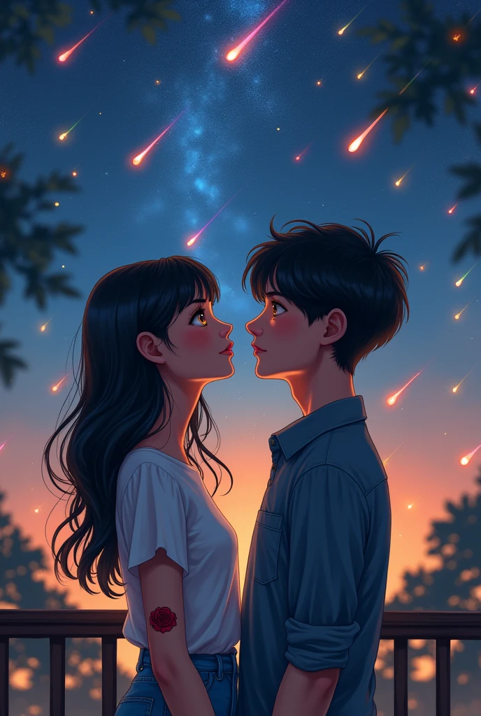 I would like you to make a digital illustrated image, not animated nor real, of a couple in love, young adults 20 years old, On a balcony watching shooting stars of various colors, the girl has white skin, black hair with bangs, Golden eyes. The boy has white skin, pelo negro y Golden eyes, She also has a tattoo of a red rose on her neck.