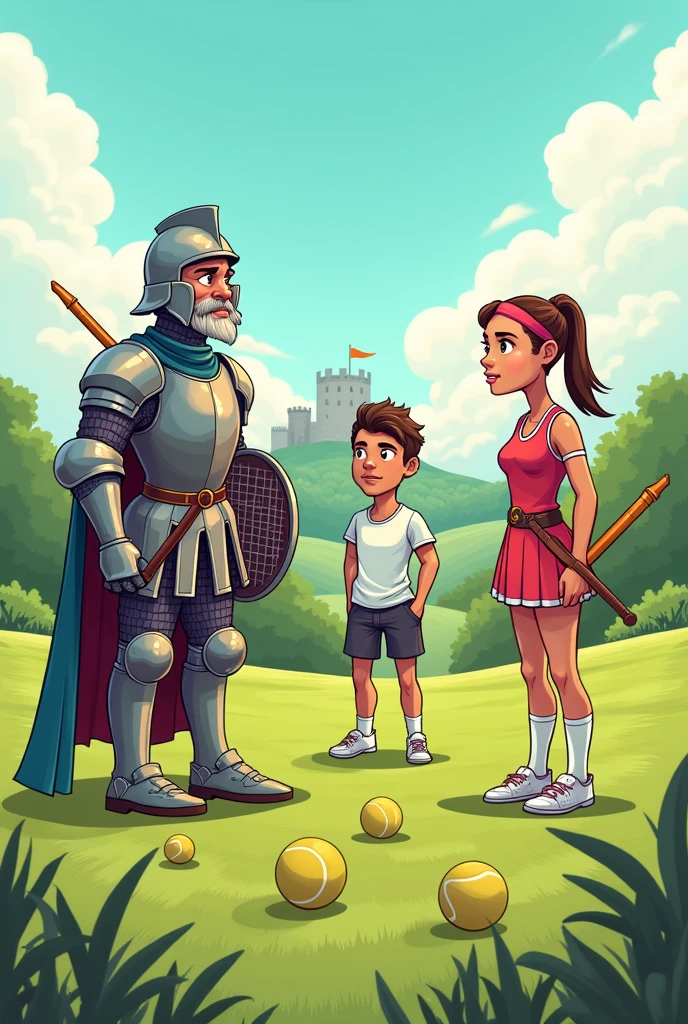 Create a comic with the characters of a medieval knight,a tennis player and a javelin player