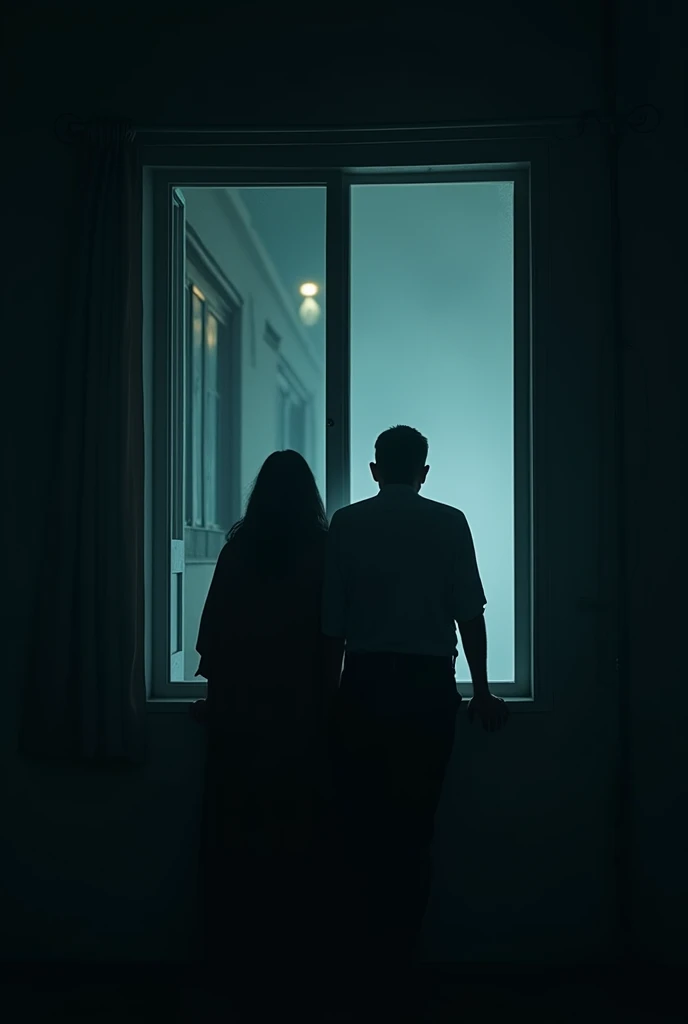 create cinematic, photo realistic film poster of a man and his wife peeping through window of a first floor house at someone down below,  suspiciously, Darjeeling at late night, no other houses in the vicinity, 